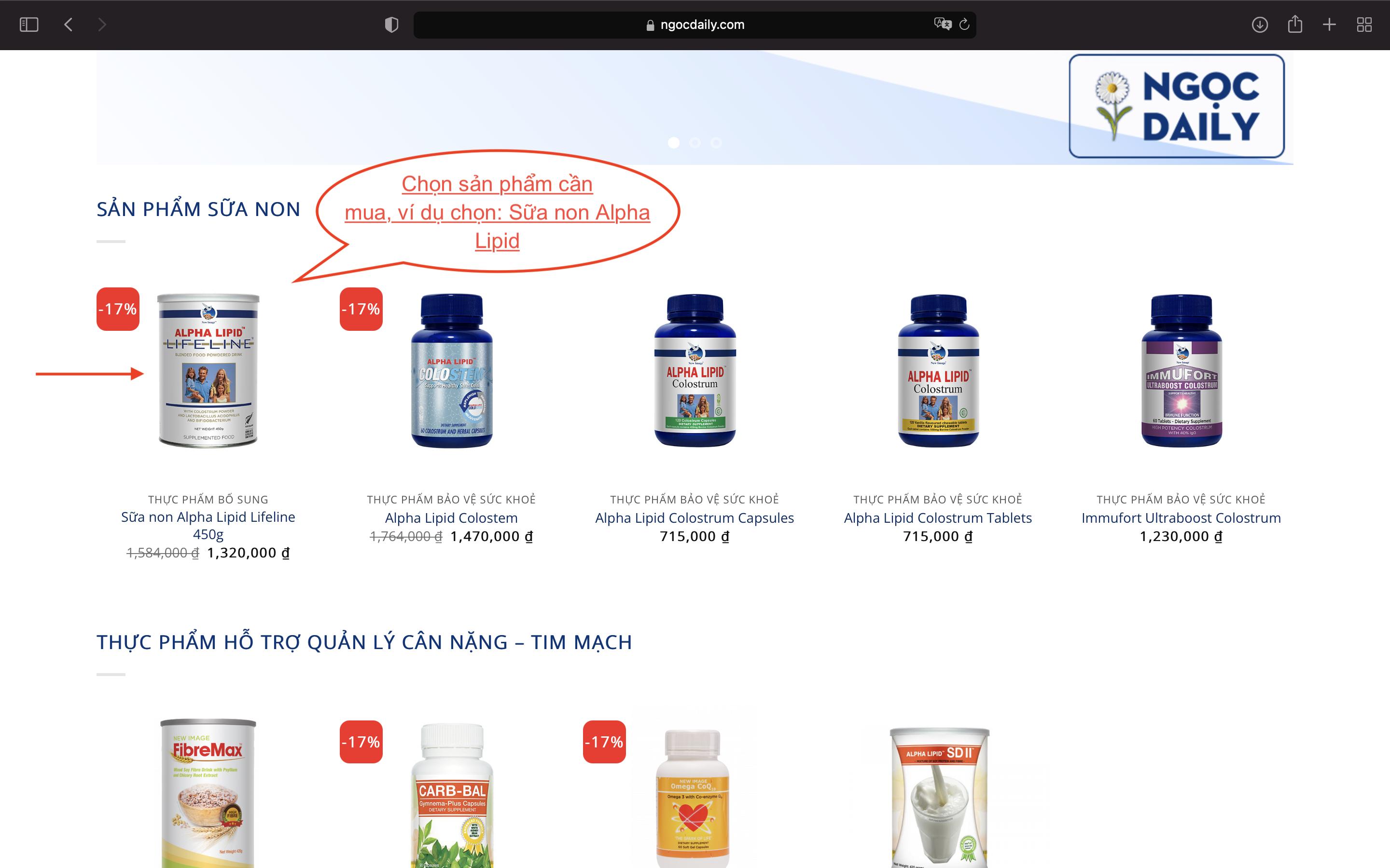 Truy cập đại lý sữa non Alpha Lipid - Ngocdaily.com và lựa chọn sản phẩm cần mua